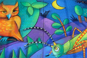 Colorful Owl and Grasshopper chalk art by Heather Brown