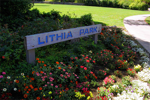 Lithia Park sign with flowers below