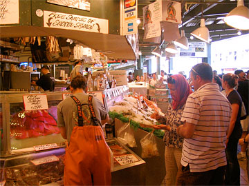 Inside Pike's Place Market near fresh fish