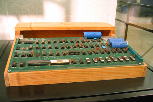 Apple-1 circuit board mounted to wood
