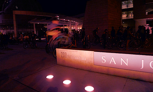 Biker jumping San Jose City Hall sign