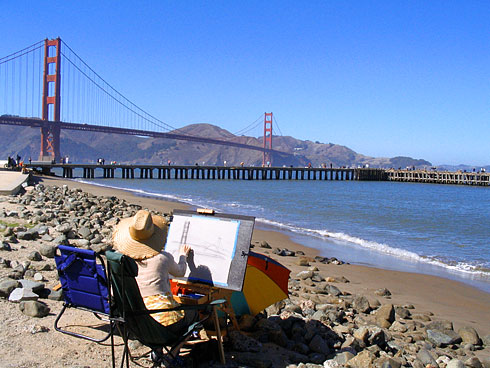Artist sketching Golden Gate Bridge