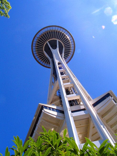 Space Needle towering above into clear blue sky Space Needle towering above into clear blue sky
