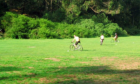 People playing Bicycle Polo in field People playing Bicycle Polo in field