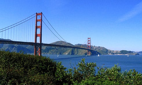 Golden Gate Bridge spanning across bay Golden Gate Bridge spanning across bay