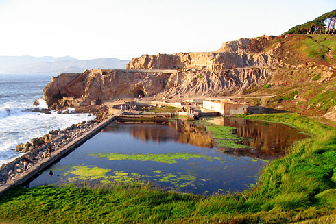 Abandoned Sutro Baths filled with swamp grass