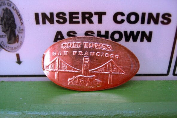 A pressed Coit Tower penny (closeup)