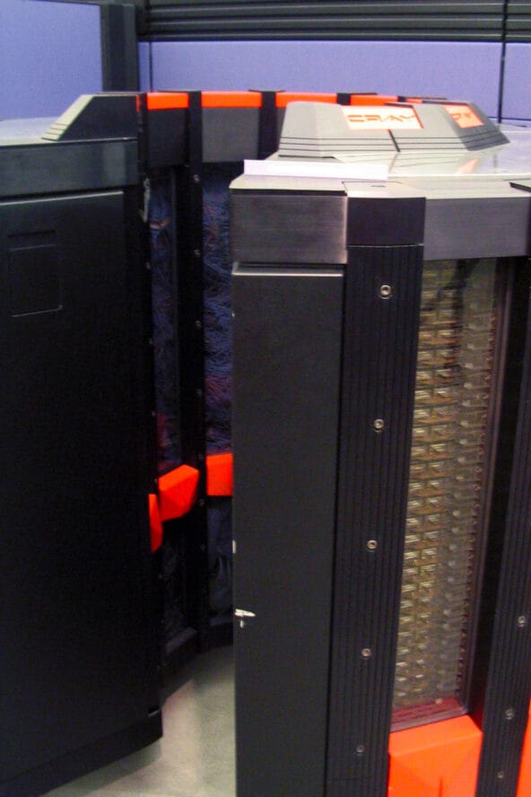 Cray 2 supercomputer (towering in black n red)