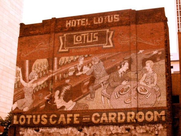 Hotel Lotus mural behind the cafe