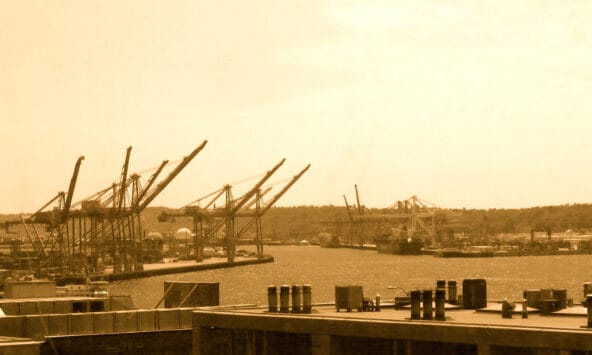 Huge Shipping Cranes over Puget Sound in the horizon