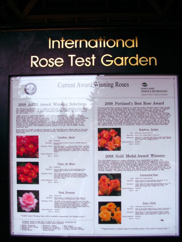 International Rose Test Garden award winning roses sign