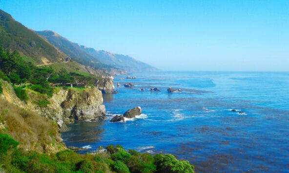 Looking South toward houses perched near cliffs