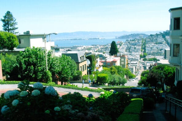 Looking down Lombard to Yerba Buena Island
