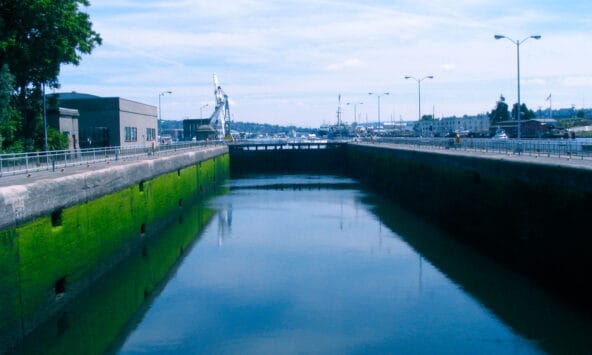 Looking east over the big Chittenden Lock toward Salmon Bay