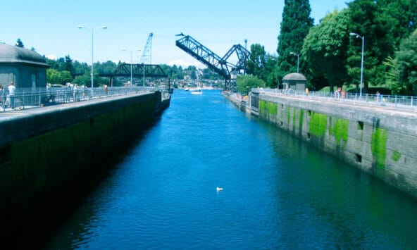 Looking west over the big Chittenden Lock toward Puget Sound