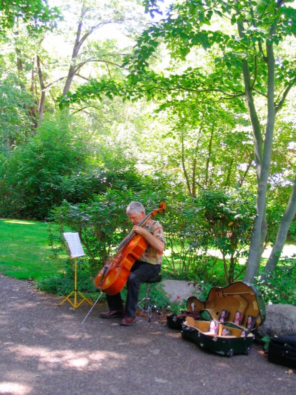 Man playing Cello n Selling CDs