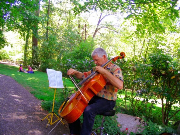Man playing Cello (picnickers behind)