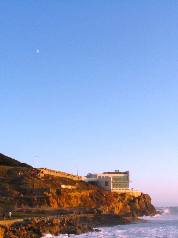 Moon high above Cliff House Restaurant