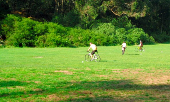 People playing Bicycle Polo in field