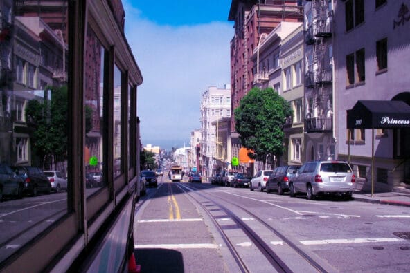 Riding San Francisco Cable Car looking back