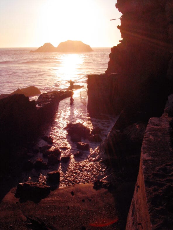 Sunset reflecting off wet stone path