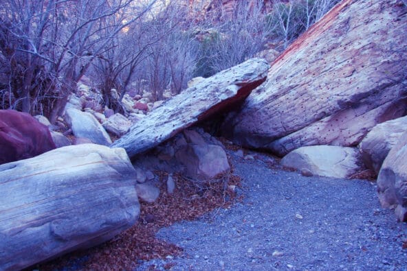 Tiny cave formed by desert stone slabs