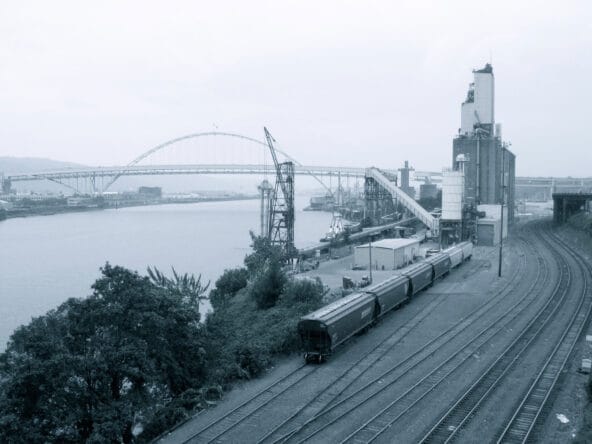 Train yard beside Willamette River