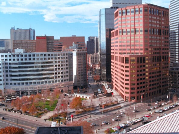 United Nations Park from above n Denver World Trade Center beyond