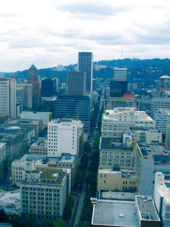 View of Portland from US Bancorp Tower looking down SW 5th avenue