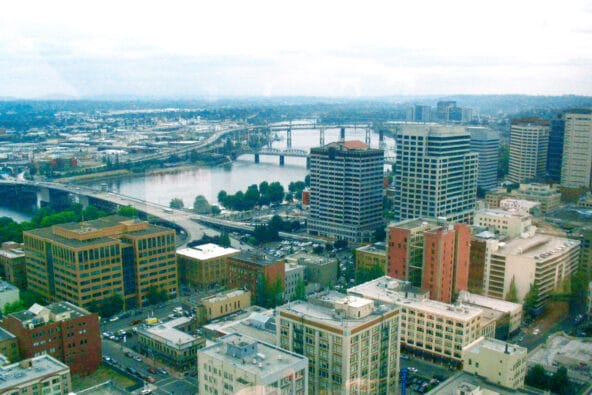 View of Portland from US Bancorp Tower looking toward Morrison Bridge
