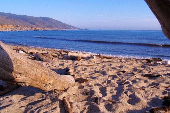 View of sand n Pacific from inside wooden hut