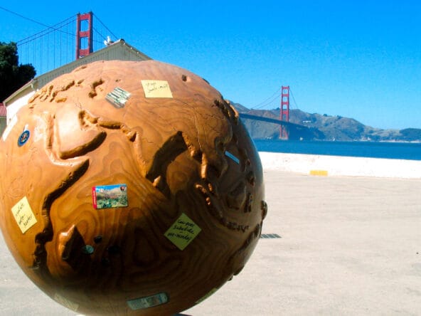 Wooden carving of the Earth near Golden Gate