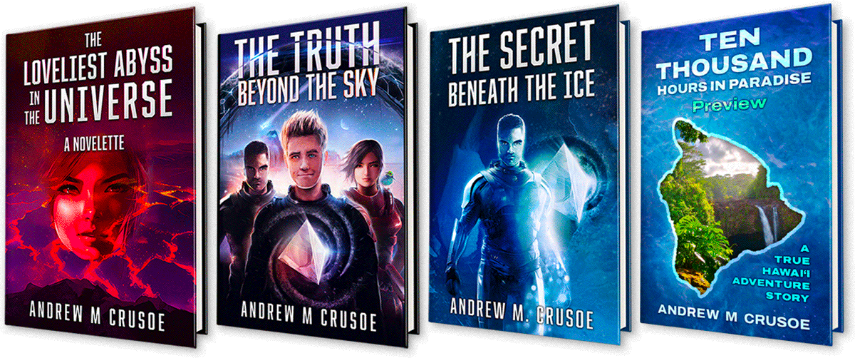Crusoe Starter Pack, showing the covers of 3 Sci-Fi books and 1 Hawaii memoir