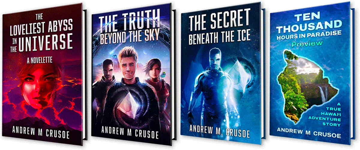 Crusoe Starter Pack, showing the covers of 3 Sci-Fi books and 1 Hawaii memoir