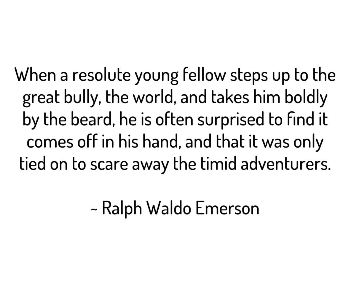 When a resolute young fellow steps up to the great bully, the world, and takes him boldly by the beard, he is often surprised to find it comes off in his hand, and that it was only
tied on to scare away the timid adventurers.
~ Ralph Waldo Emerson