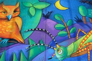 Colorful Owl and Grasshopper chalk art by Heather Brown