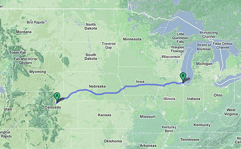 North America Map showing Route from Denver to Chicago North America Map showing Route from Denver to Chicago