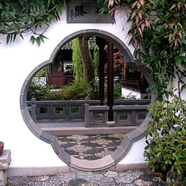 Flower shaped entrance into Lan Su Chinese Gardens