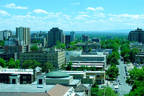 Looking down Sherman Street with Rocky Mountains in the distance Looking down Sherman Street with Rocky Mountains in the distance