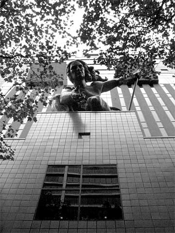 Portlandia statue towering overhead
