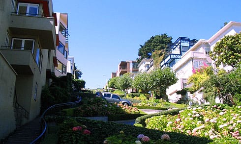 Boxy apartments casting shadows on Lombard Street