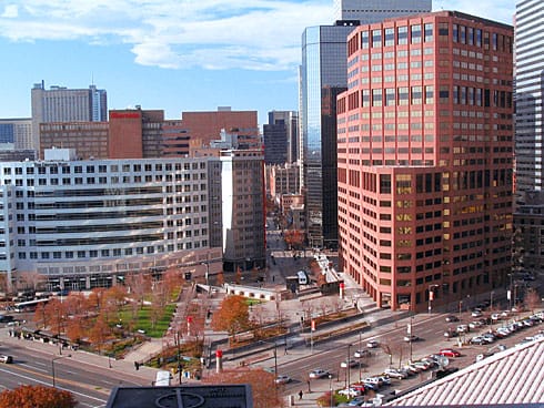 United Nations Park from above and Denver World Trade Center beyond