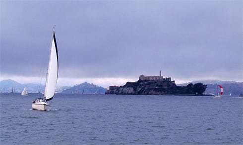 White Sailboat with Alcatraz Island behind
