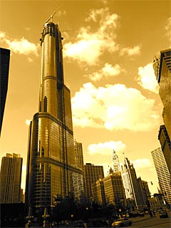 Trump Tower with Construction Cranes High Above (Sepia Tone)